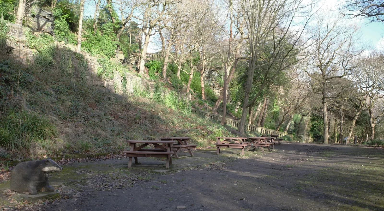 A park scene with several wooden picnic tables, a badger statue, and trees lining a grassy hill.